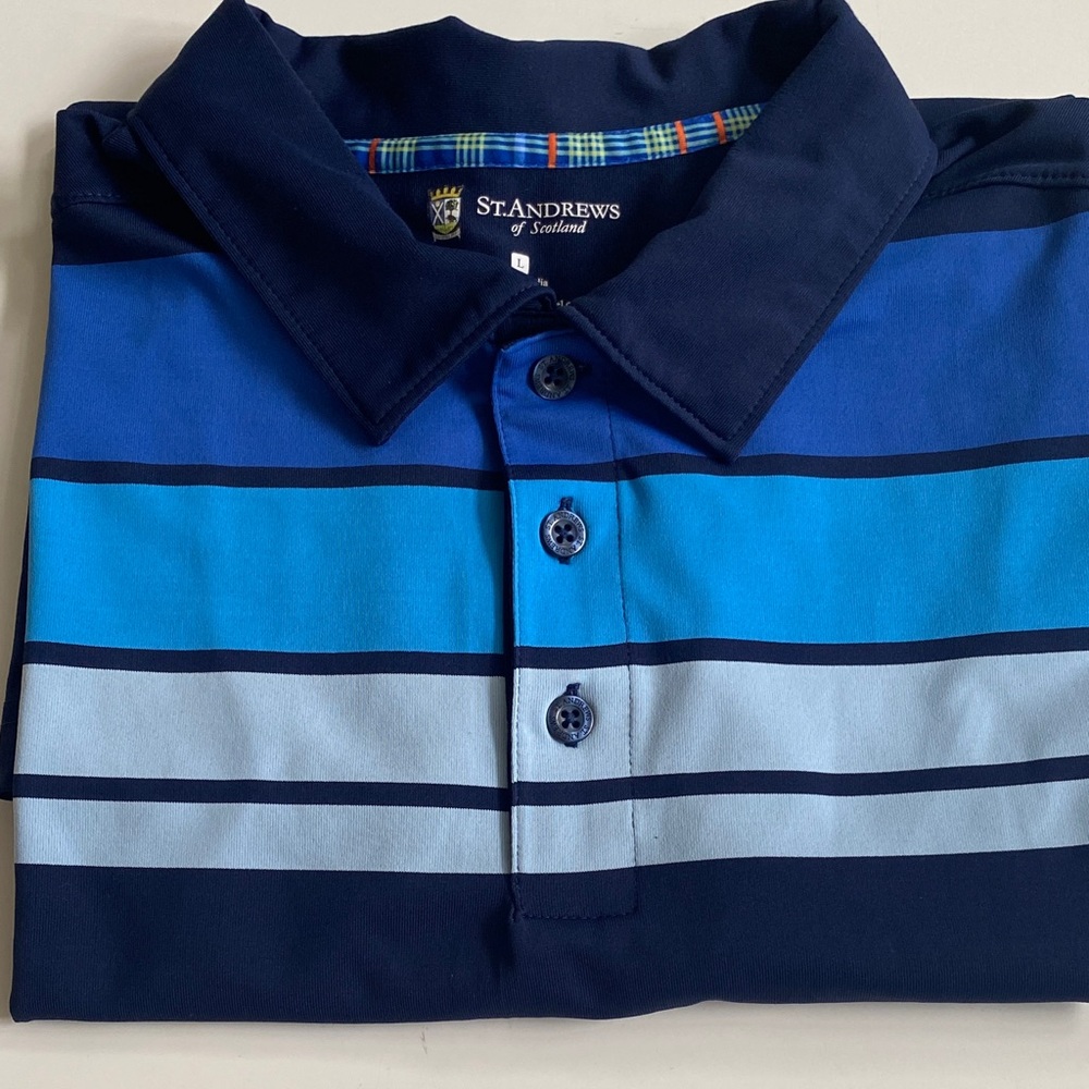 Mens St Andrews of Scotland Blue Striped Golf Polo Shirt